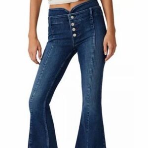 Free People Indigo Lilibet Mid-Rise Faded Button Fly Flared Jeans Blue Denim 26